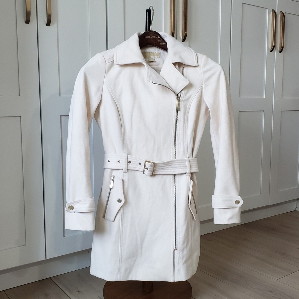 Michael Kors Moto Coat Women XS Cream Wool Belted Asymmetrical Zip Jacket